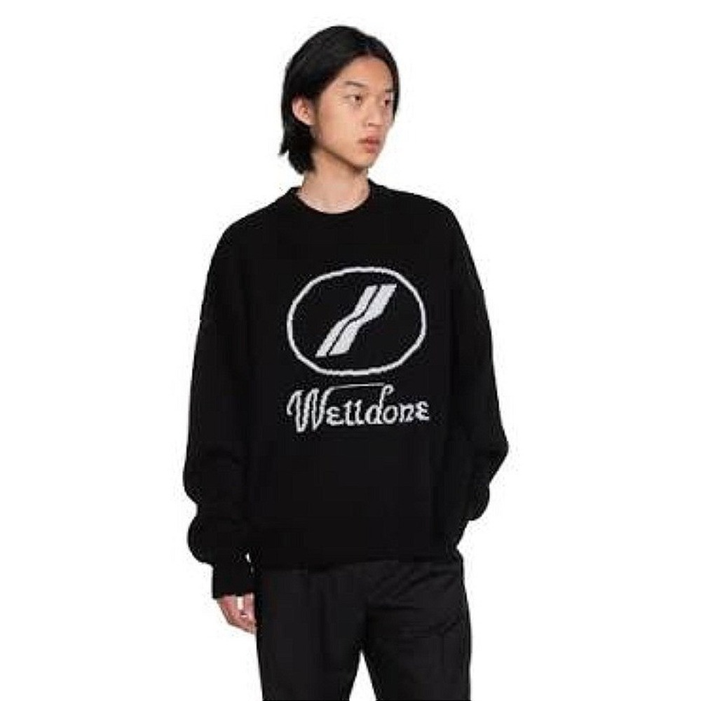 We11done Jacquard Logo Knit Sweater Mens M Black Oversized Crewneck Streetwear